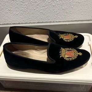 Stubbs & Wootton Black Velvet Loafers with Embroidered Crest
